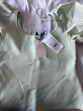 Theory Mint Green Puff-Sleeve Square Neck Blouse